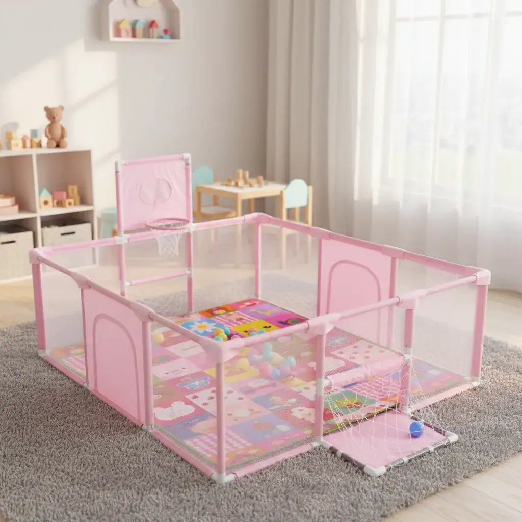 Corral De Juegos Para Bebé Con Canasta Portería Mas Pelotas